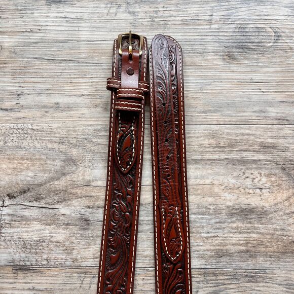 Nocona Western Tooled Leather Belt Size 32 Brown Cowboy Artisan Vintage Layer main image 10
